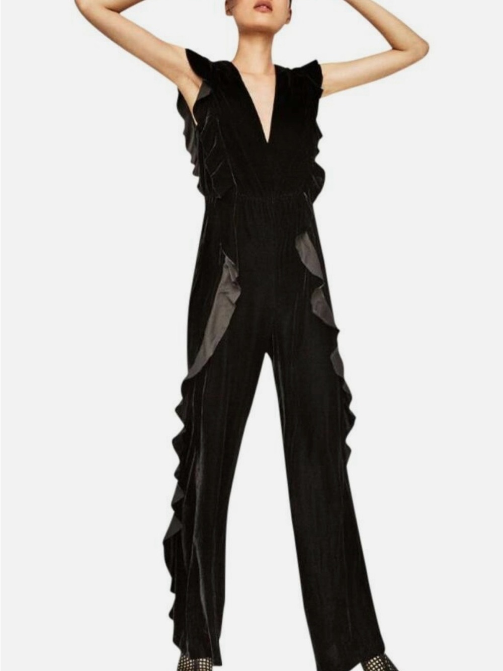 Zara Black Ruffle-Trim Velvet Jumpsuit